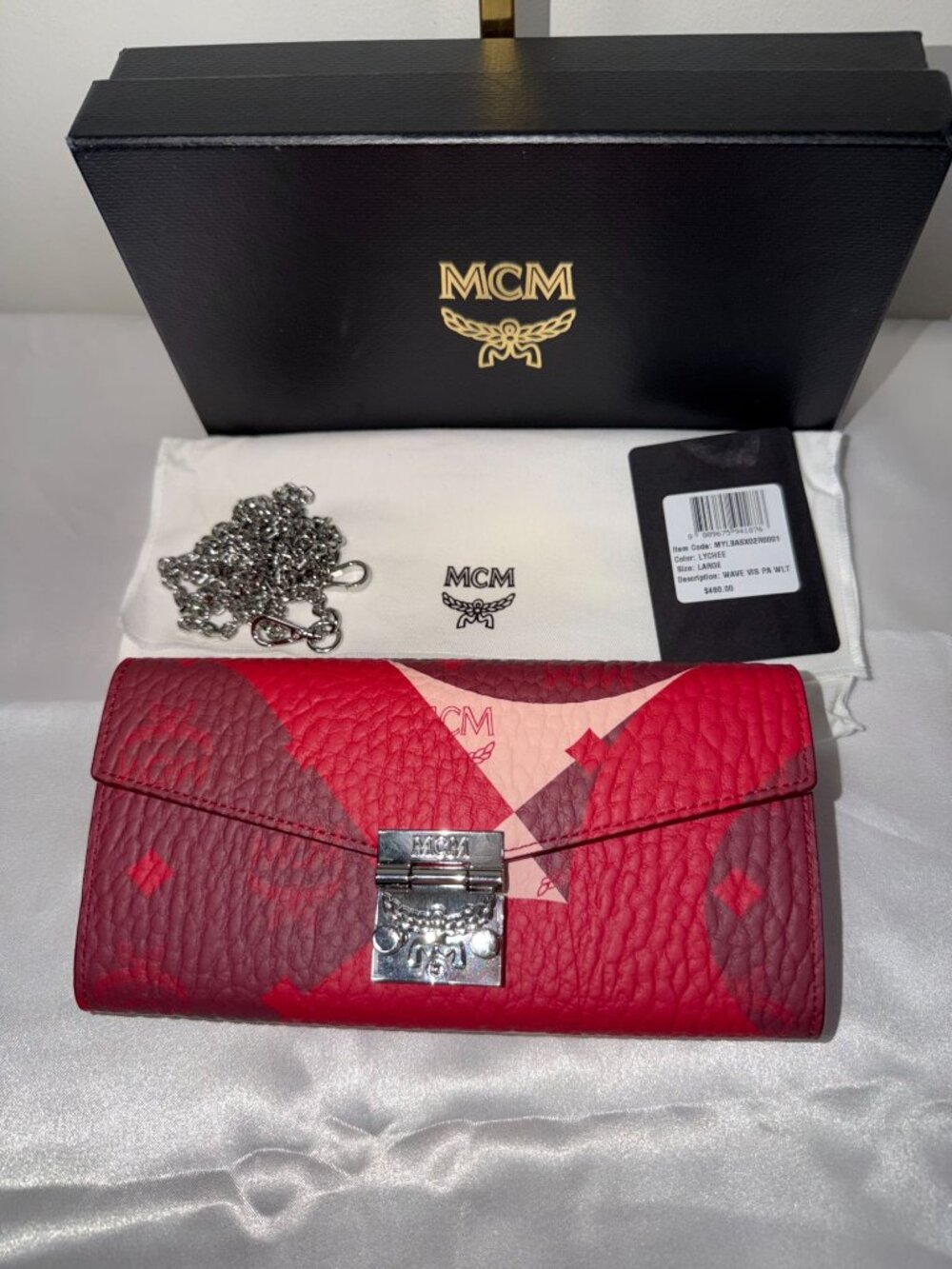 MCM Red New Wave Leather Wallet-On-Chain Large New with Dust Bag and Box